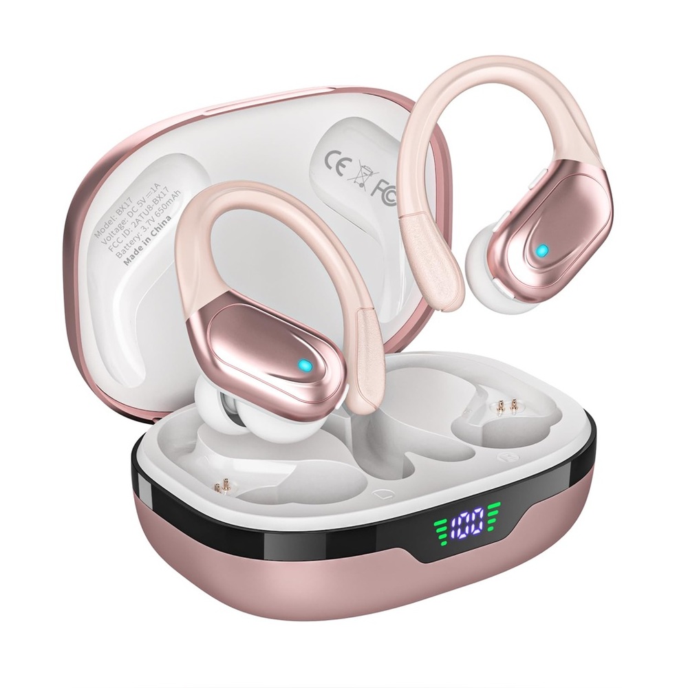 NEW Wireless Bluetooth Earhook Earbuds Headphones 80hr Water Resistant Rose Pink